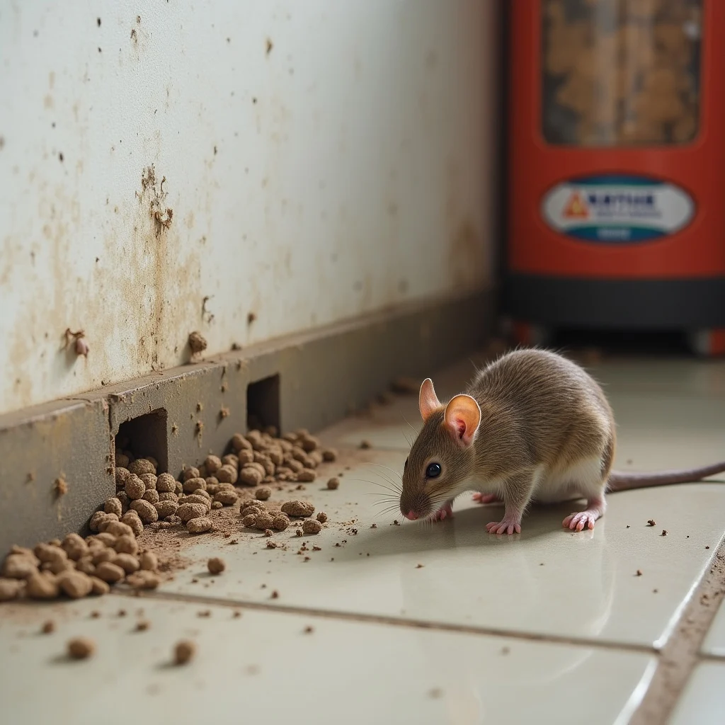 Residential rodent control inspection near outdoor drain area